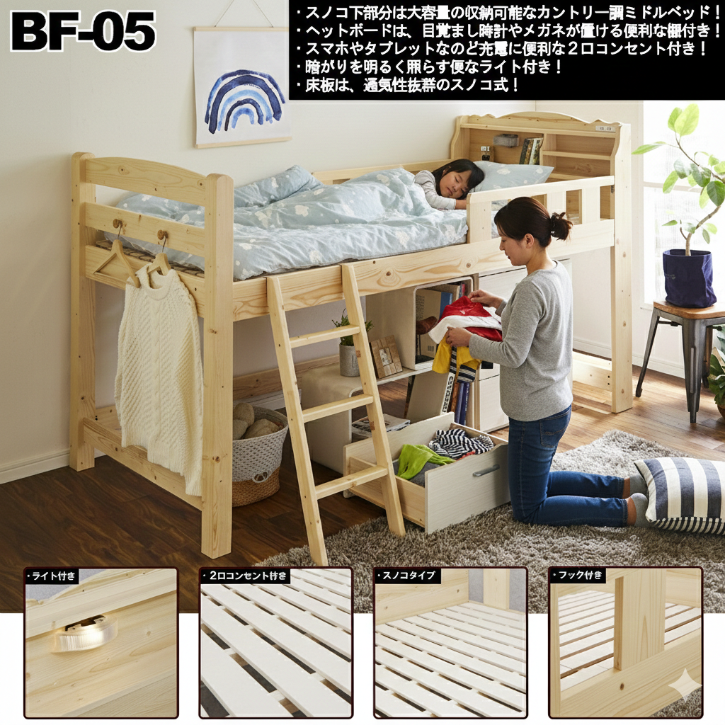 宮付！ライト付！2口コンセント付！ロフトベッド！