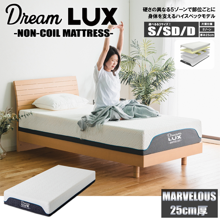 硬さの異なる５ゾーンで部位ごとに身体を支える！ノンコイルマットレスハイスペックモデル！選べる3サイズ！