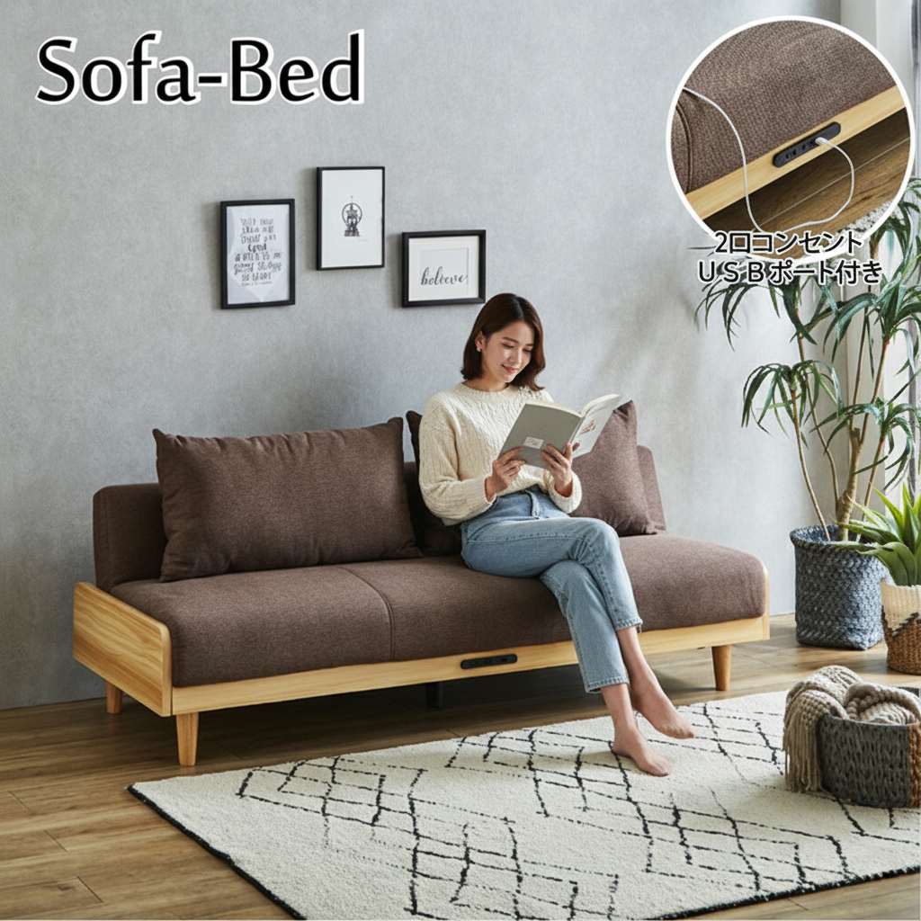 木フレームデザインのクッション付きソファーベッド！２口コンセント、USBポート付き