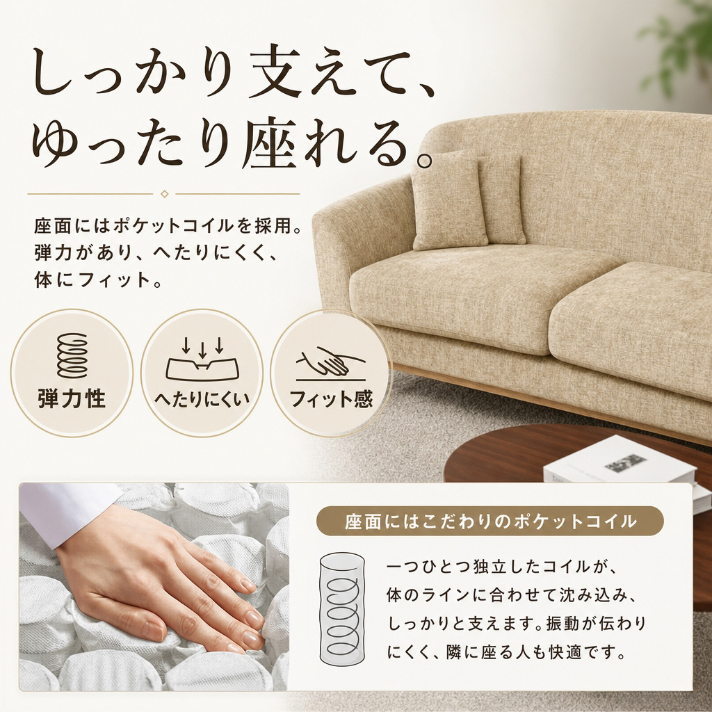 カバーリング座面ポケットコイル入り2人掛けソファ！ | 家具全般の