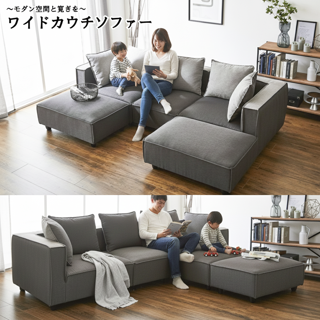 ツートンカラーのクッションリバーシブルタイプのワイドカウチソファー！